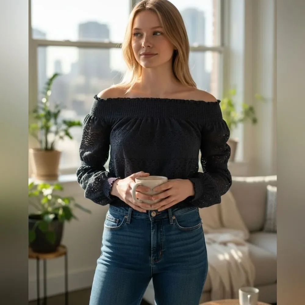 Zara Black Textured Off-the-Shoulder Lace